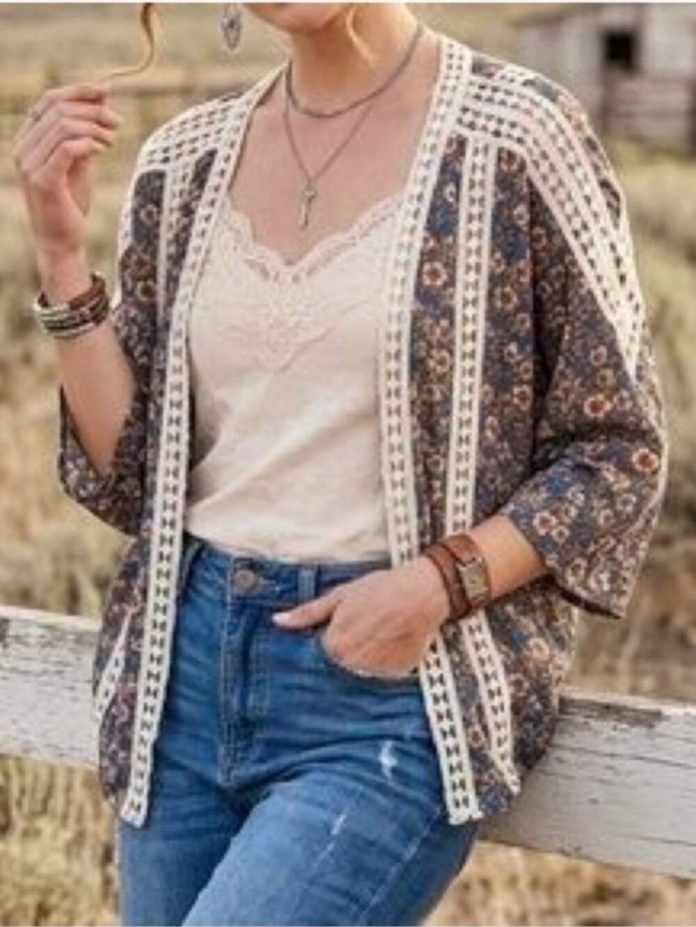 EMBER Sheer Blue & White Floral Batwing Cardigan Crochet Lace Trim Size Large
